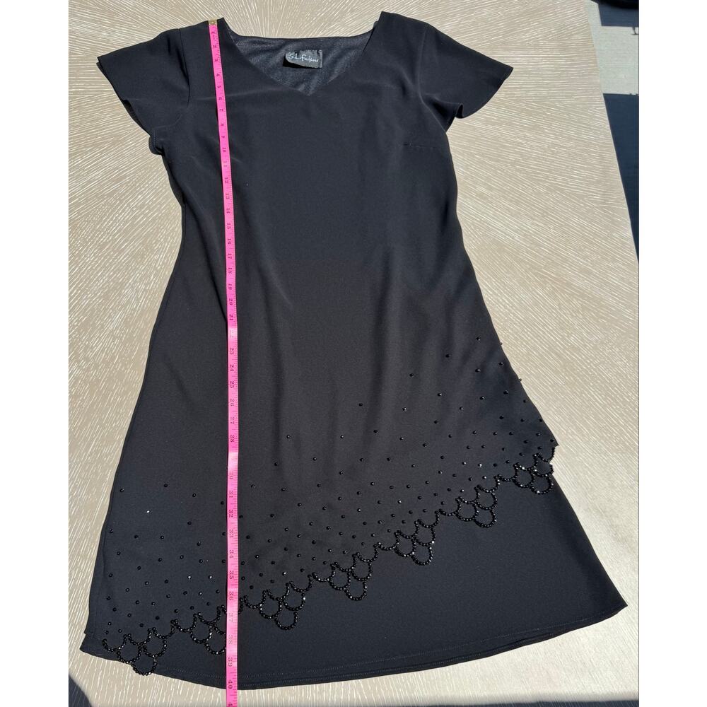 SL Fashions Black V-Neck Shift Dress with Beaded Scalloped Hem - Size 14